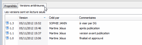 Les versions successives avant modification